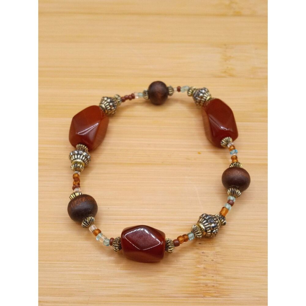 Vintage Asymmetrical Amber Lucite Beads w Round natural Wood Beads Bracelet